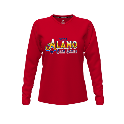 [CUS-DFW-TEES-CMF-VNK-LSL-RED-FYXS-LOGO2] Decker Comfort T-Shirt (Female Youth XS, Red, V Neck, Logo 2, Long Sleeve)