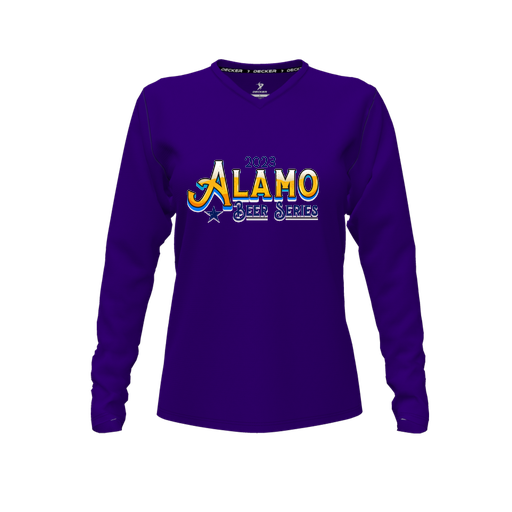 [CUS-DFW-TEES-CMF-VNK-LSL-PUR-FYXS-LOGO2] Decker Comfort T-Shirt (Female Youth XS, Purple, V Neck, Logo 2, Long Sleeve)